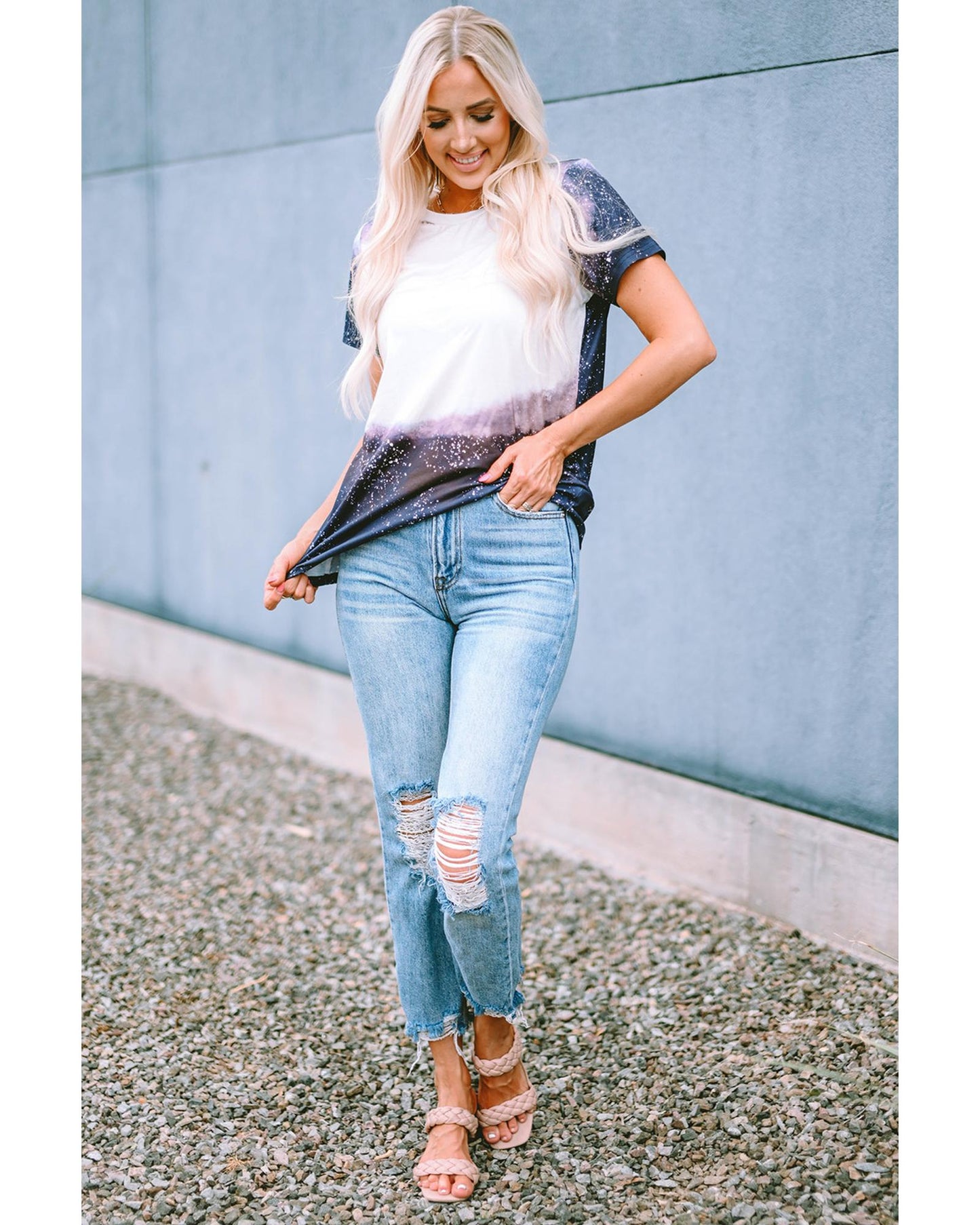 Azura Exchange Bleached Print Short Sleeve Crewneck Top - M