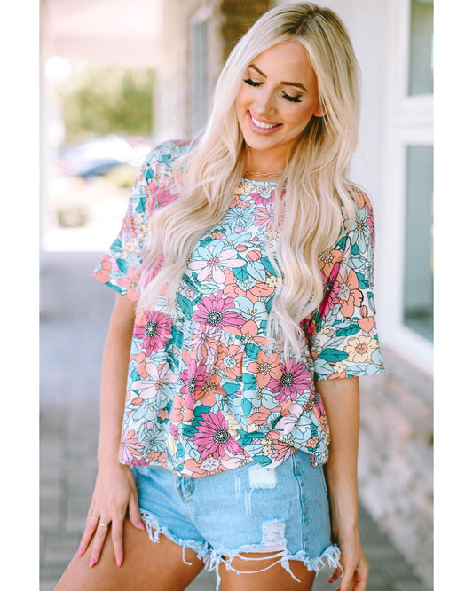 Azura Exchange Bohemian Flower Print Flowy Short Sleeve Top - M