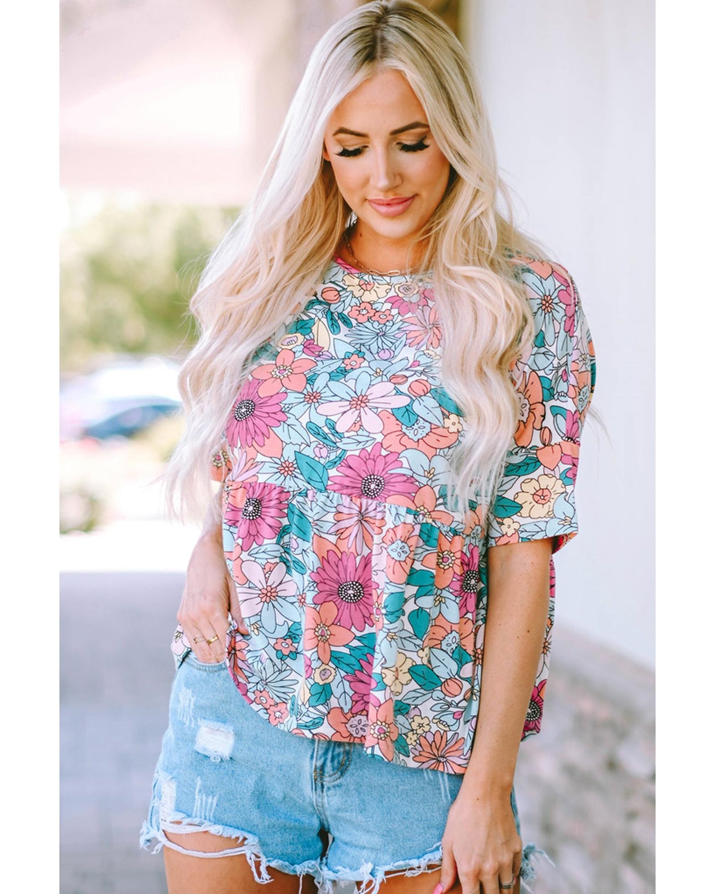 Azura Exchange Bohemian Flower Print Flowy Short Sleeve Top - M