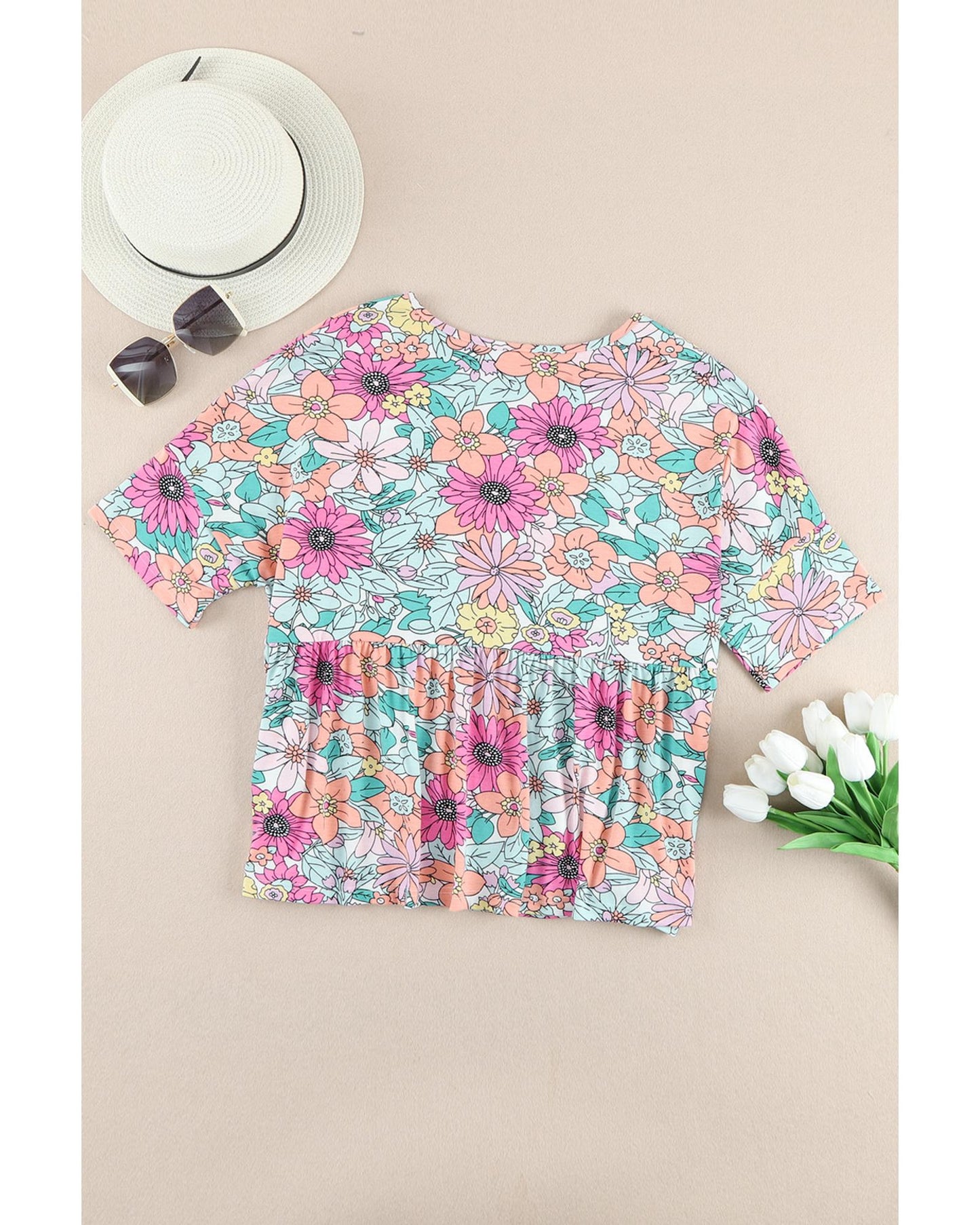 Azura Exchange Bohemian Flower Print Flowy Short Sleeve Top - M