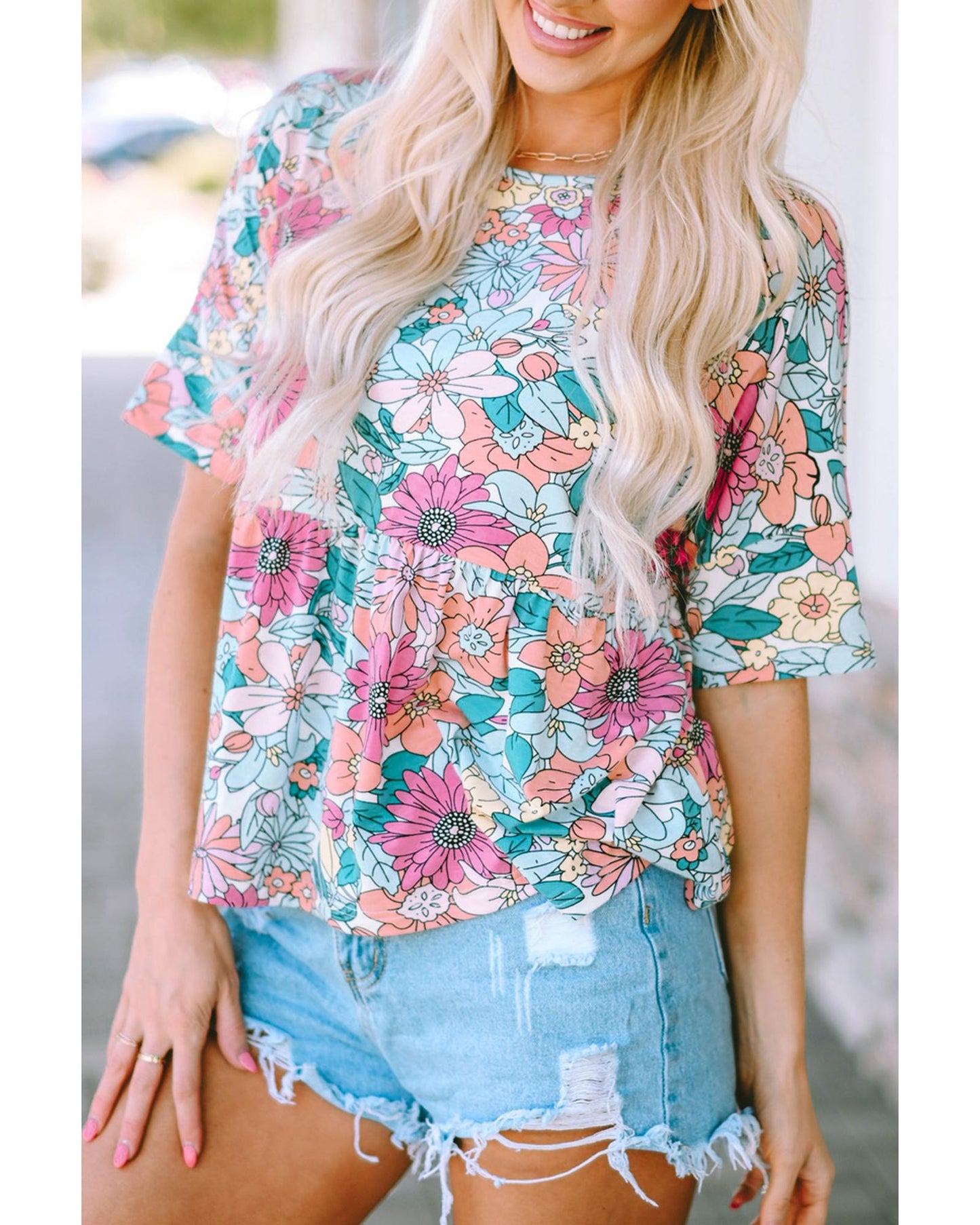 Azura Exchange Bohemian Flower Print Flowy Short Sleeve Top - M