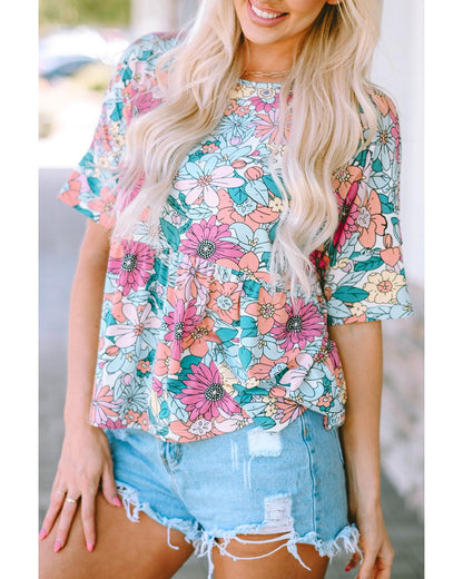 Azura Exchange Bohemian Flower Print Flowy Short Sleeve Top - M