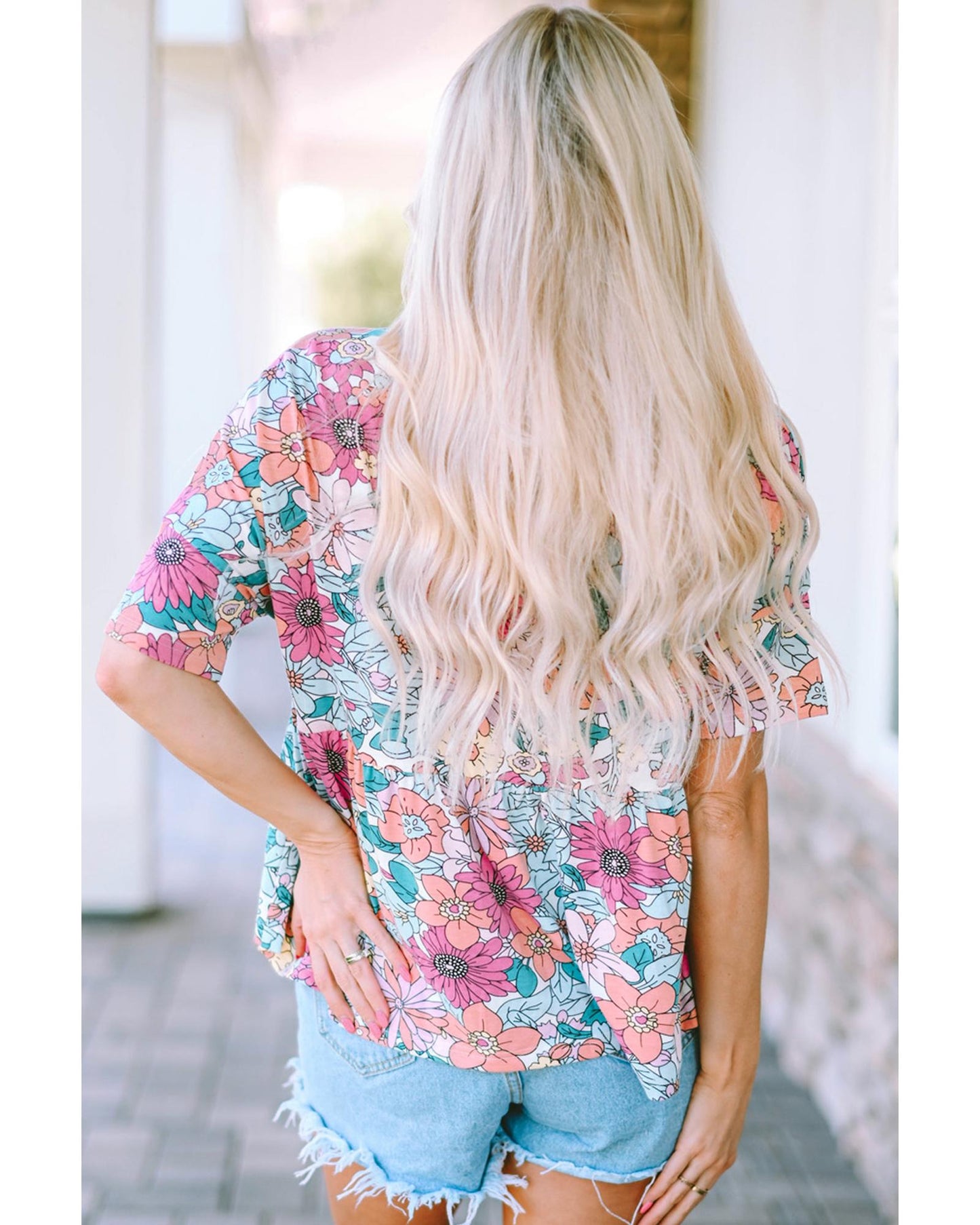 Azura Exchange Bohemian Flower Print Flowy Short Sleeve Top - M