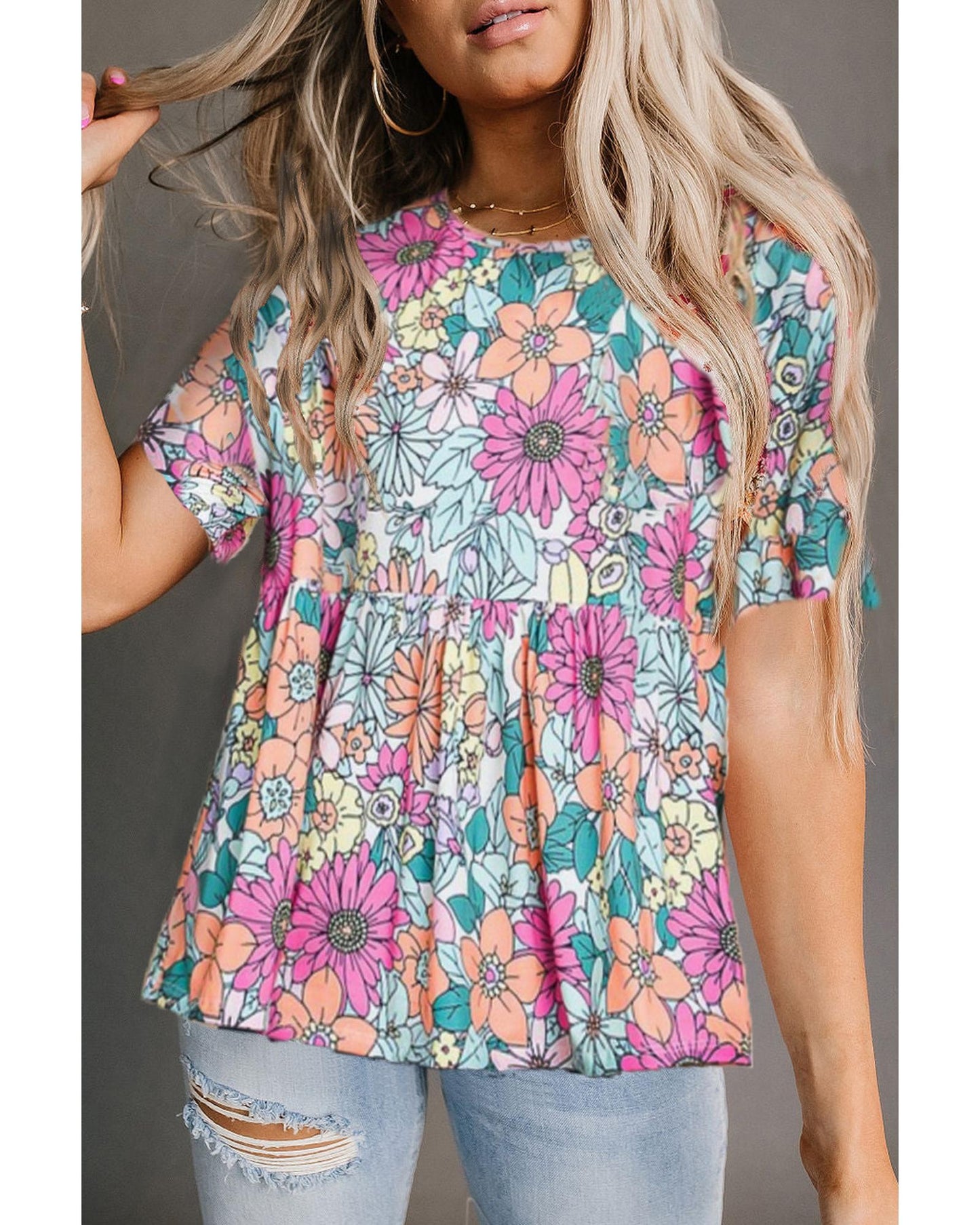 Azura Exchange Bohemian Flower Print Flowy Short Sleeve Top - M