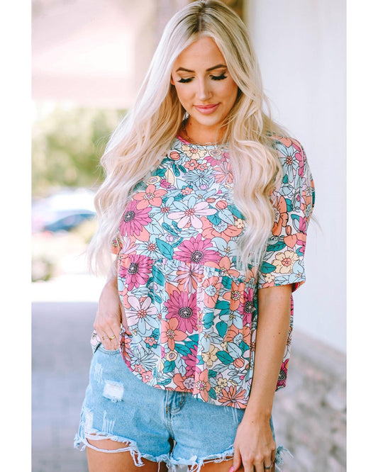 Azura Exchange Bohemian Flower Print Flowy Short Sleeve Top - S