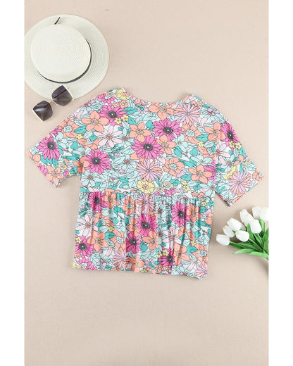 Azura Exchange Bohemian Flower Print Flowy Short Sleeve Top - S