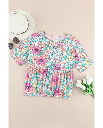 Azura Exchange Bohemian Flower Print Flowy Short Sleeve Top - S