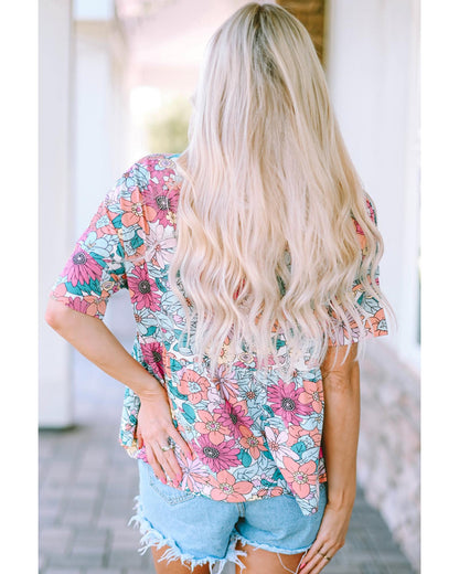 Azura Exchange Bohemian Flower Print Flowy Short Sleeve Top - S