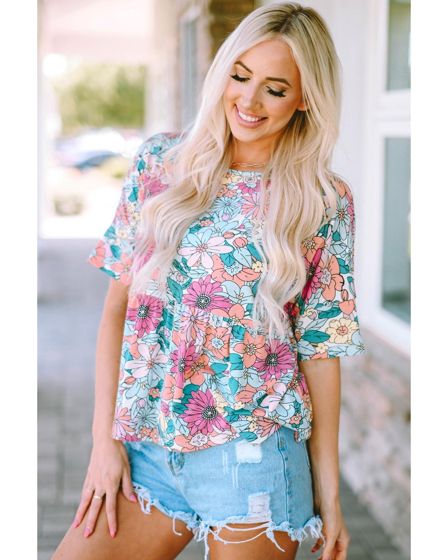 Azura Exchange Bohemian Flower Print Flowy Short Sleeve Top - S