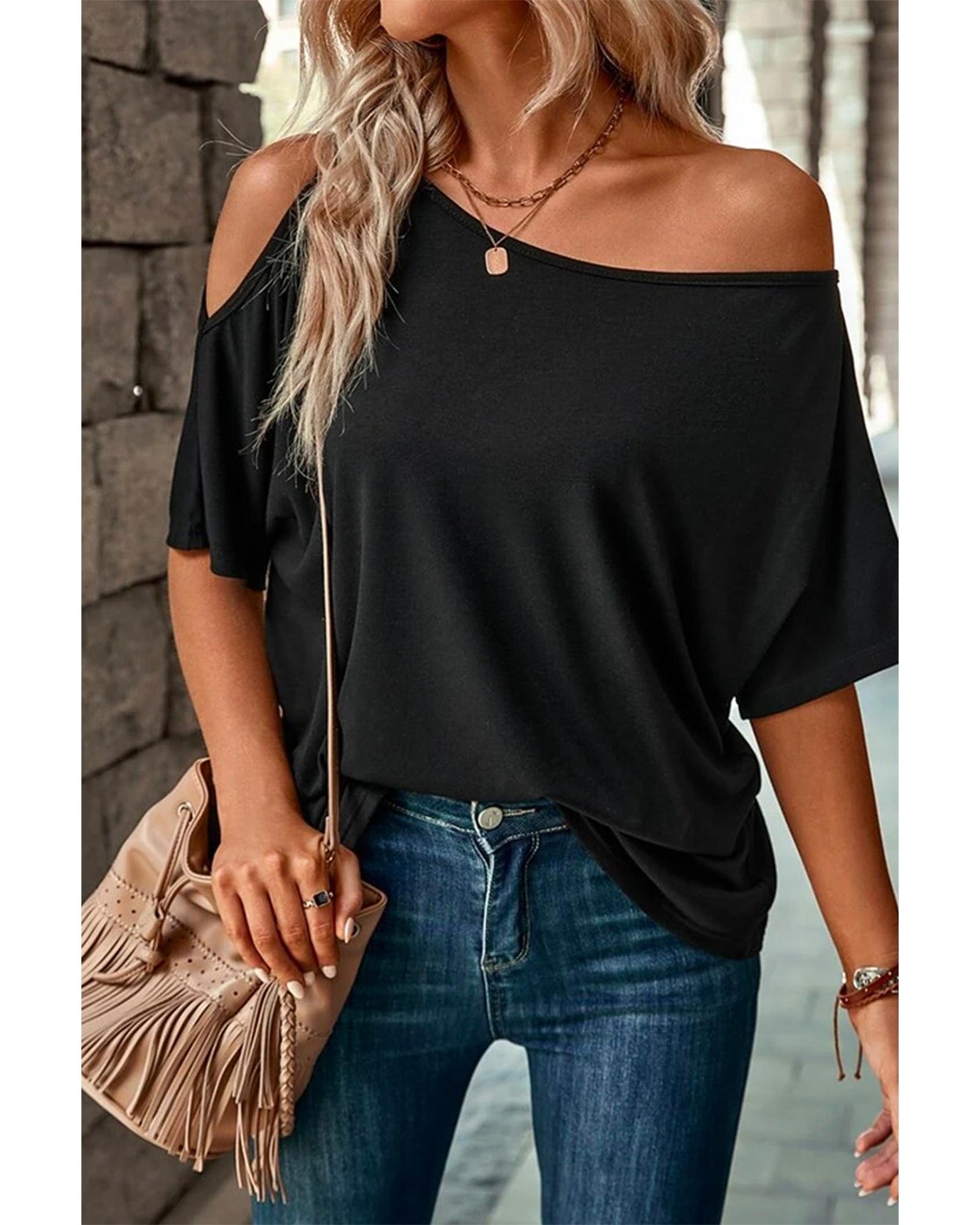 Azura Exchange Asymmetrical Neck Casual T-Shirt - S