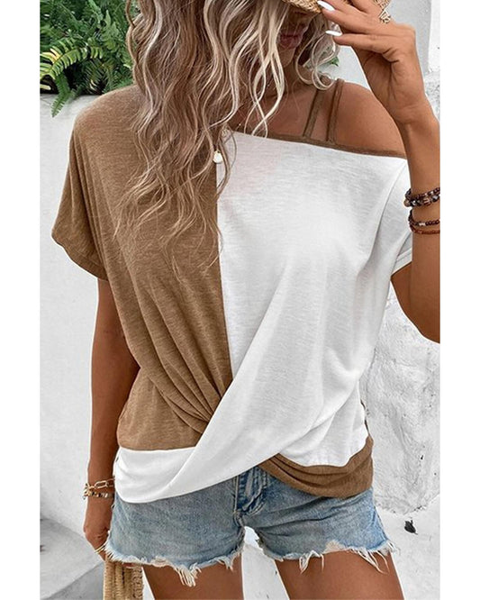 Azura Exchange Asymmetric Colorblock Strappy Cold Shoulder Top - S