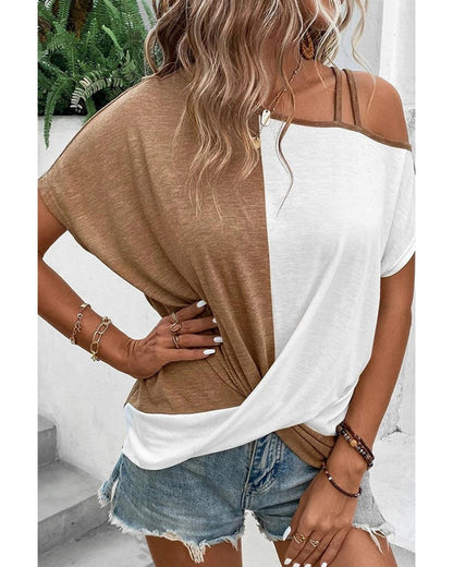 Azura Exchange Asymmetric Colorblock Strappy Cold Shoulder Top - S