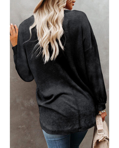 Azura Exchange Black Waffle Knit V Neck Long Sleeve Tunic Top - S