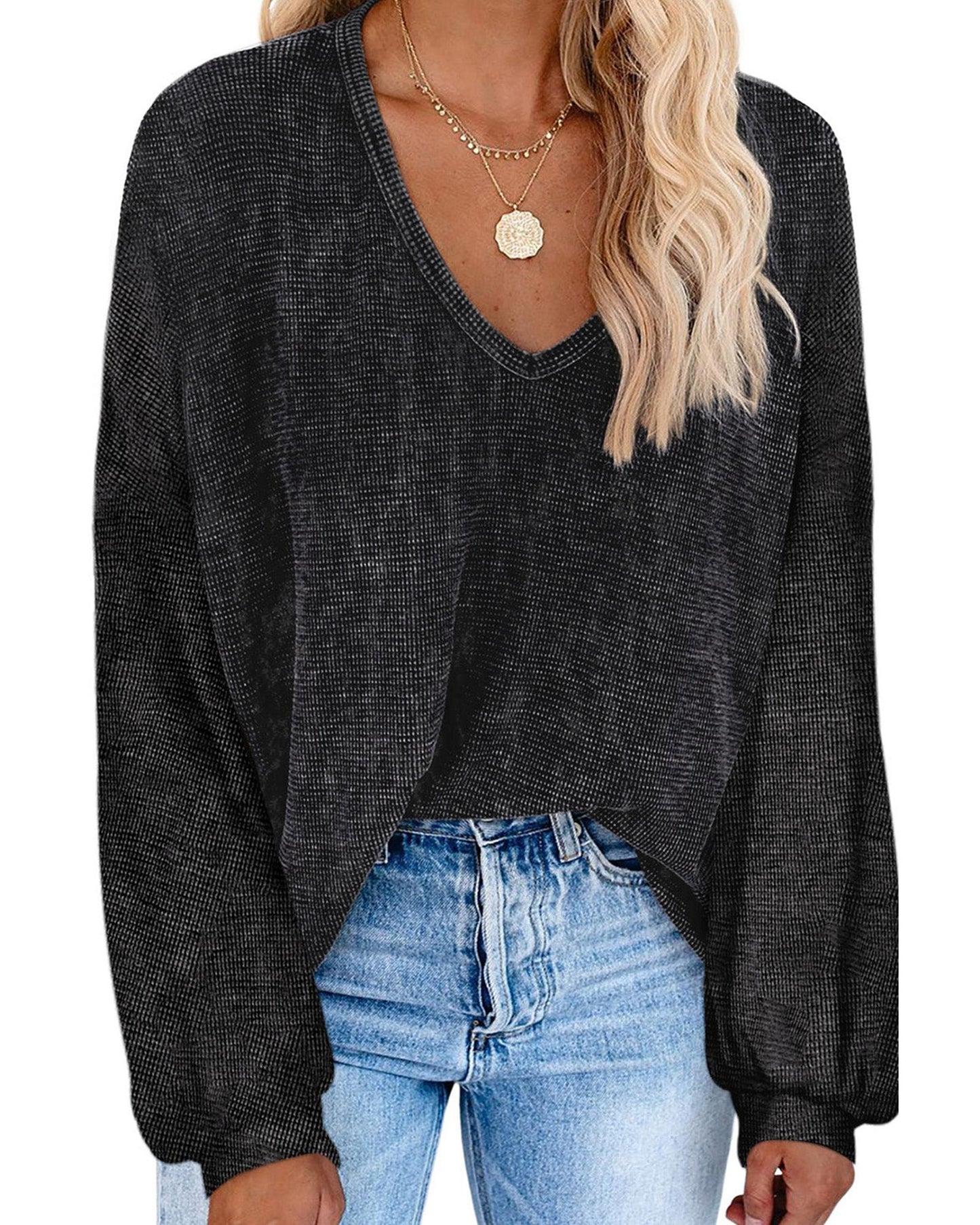 Azura Exchange Black Waffle Knit V Neck Long Sleeve Tunic Top - S