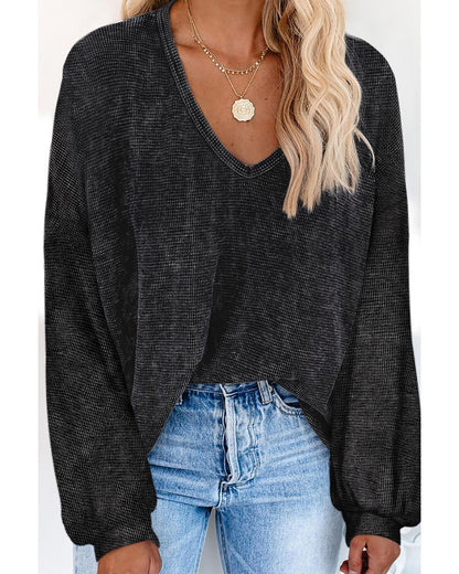 Azura Exchange Black Waffle Knit V Neck Long Sleeve Tunic Top - S