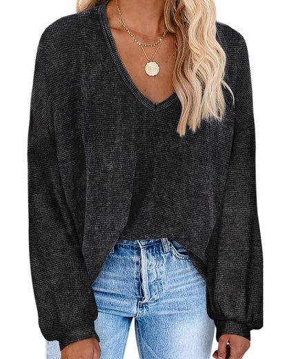 Azura Exchange Black Waffle Knit V Neck Long Sleeve Tunic Top - XL