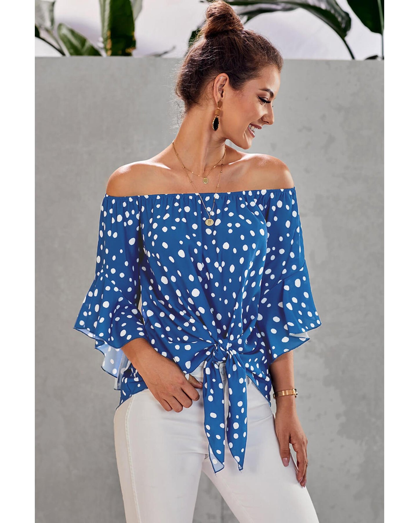 Azura Exchange Bell Sleeve Off Shoulder Tie Knot Top - M