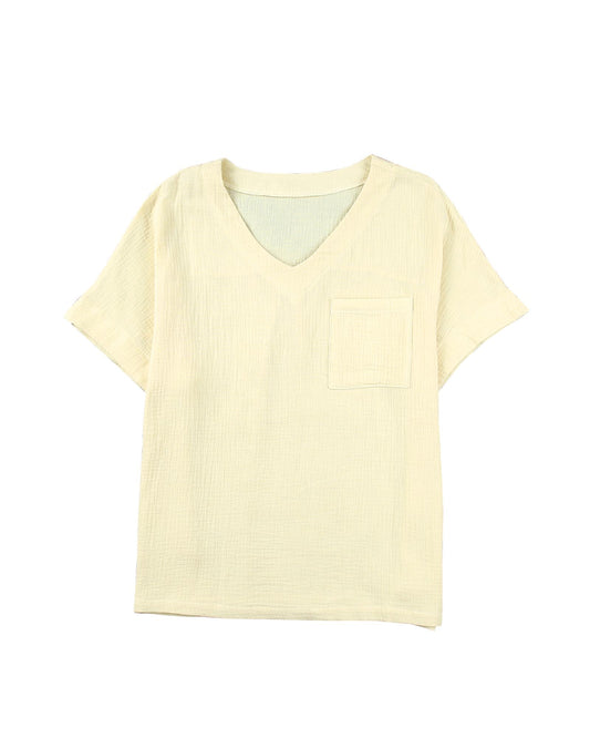 Azura Exchange Beige Textured Pocket Split V Neck Top - 4X