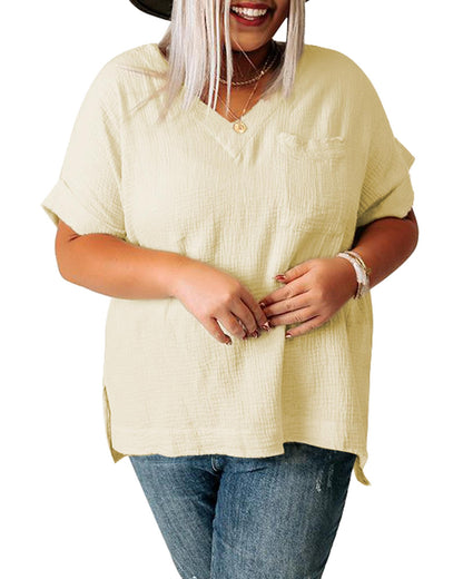 Azura Exchange Beige Textured Pocket Split V Neck Top - 4X