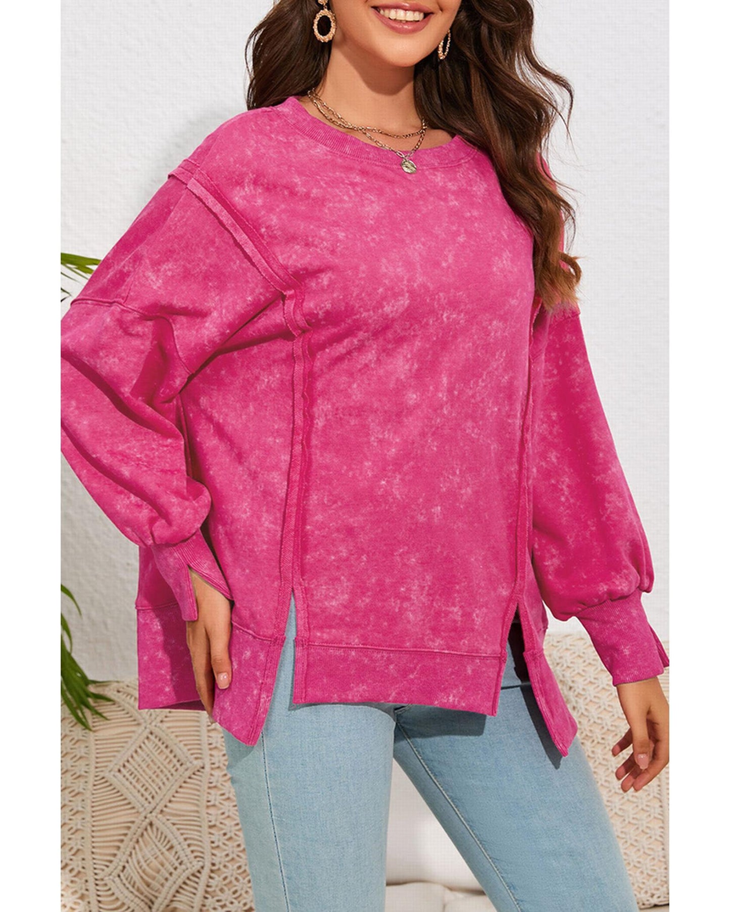 Azura Exchange Relaxed Fit Acid Wash Pullover Sweatshirt with Slit Details - M