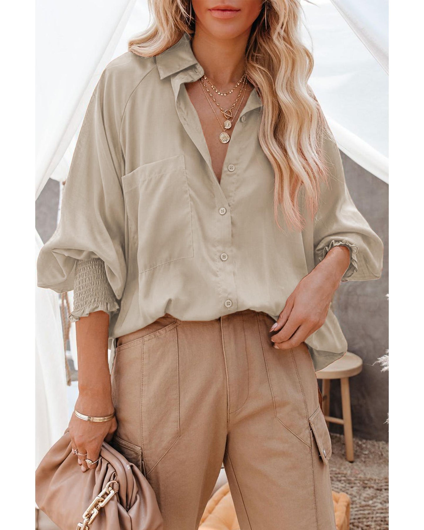 Azura Exchange Billowy Sleeves Pocketed Shirt - L