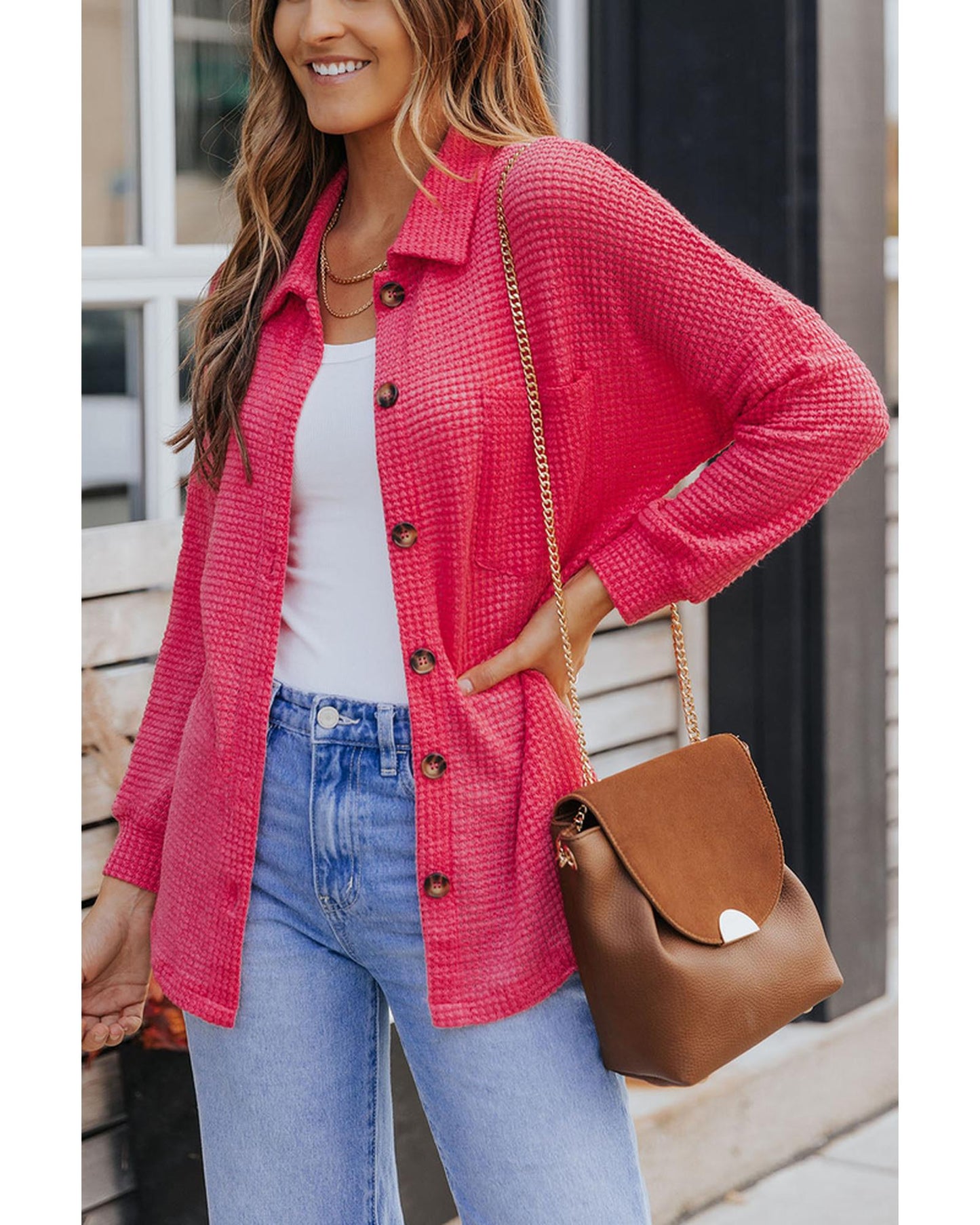 Azura Exchange Button Up Waffle Knit Casual Shirt - S