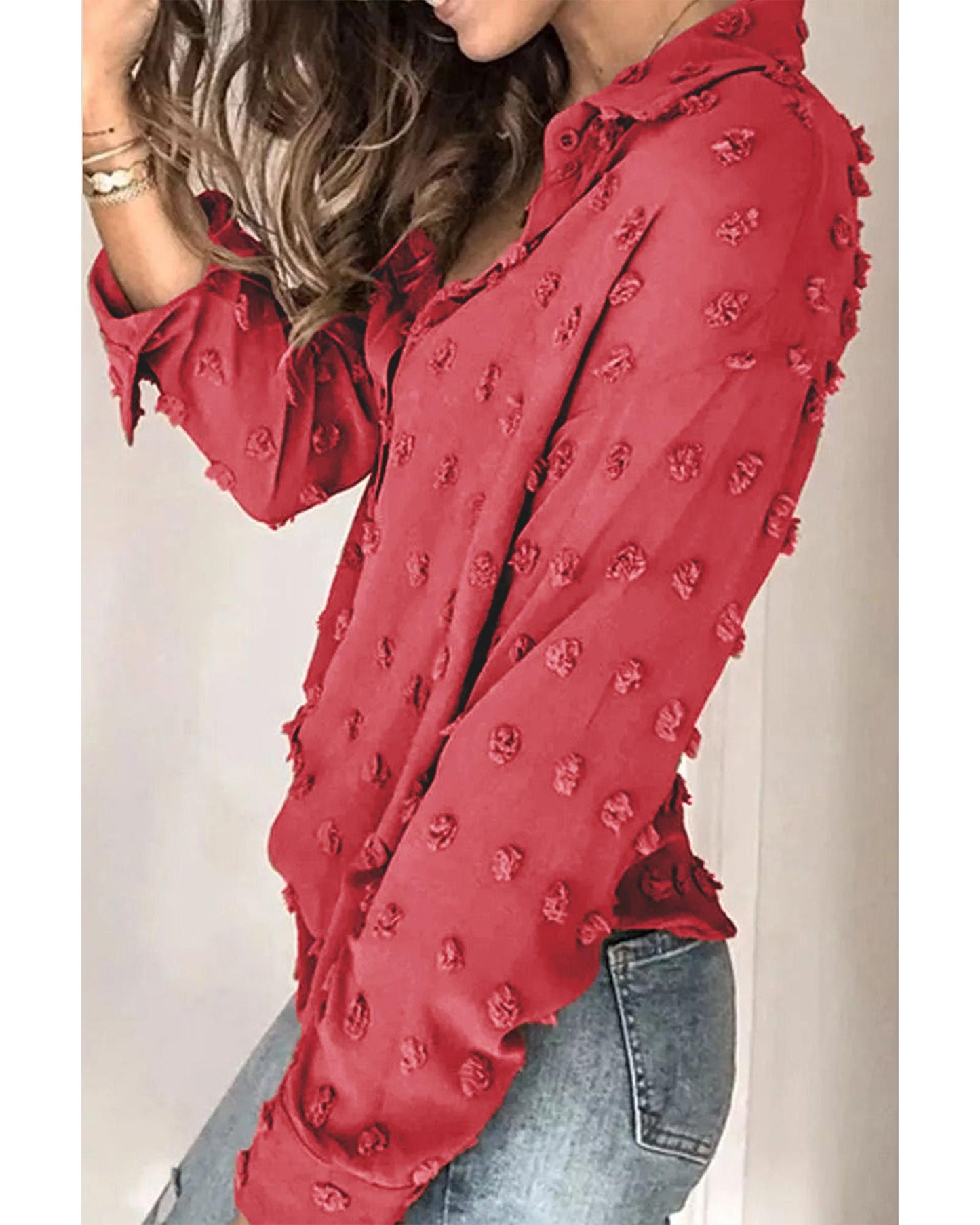 Azura Exchange Button Fuzzy Polka Dot Shirt - L
