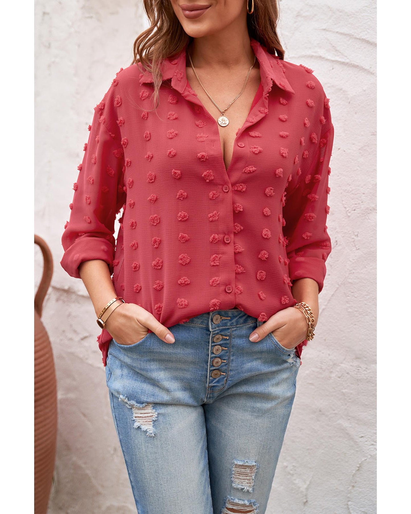 Azura Exchange Button Fuzzy Polka Dot Shirt - M