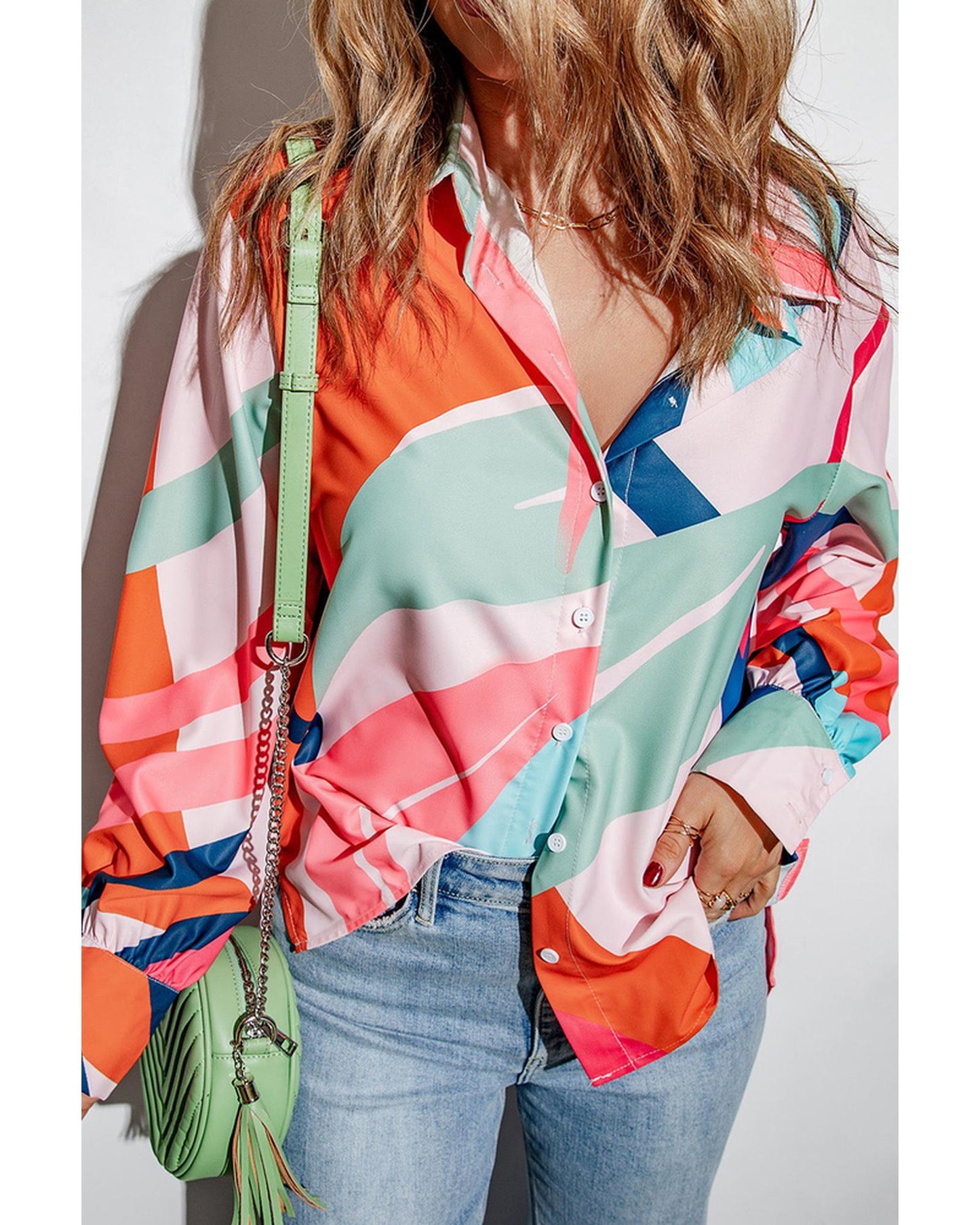 Azura Exchange Abstract Print Cuffed Sleeve Shirt - S