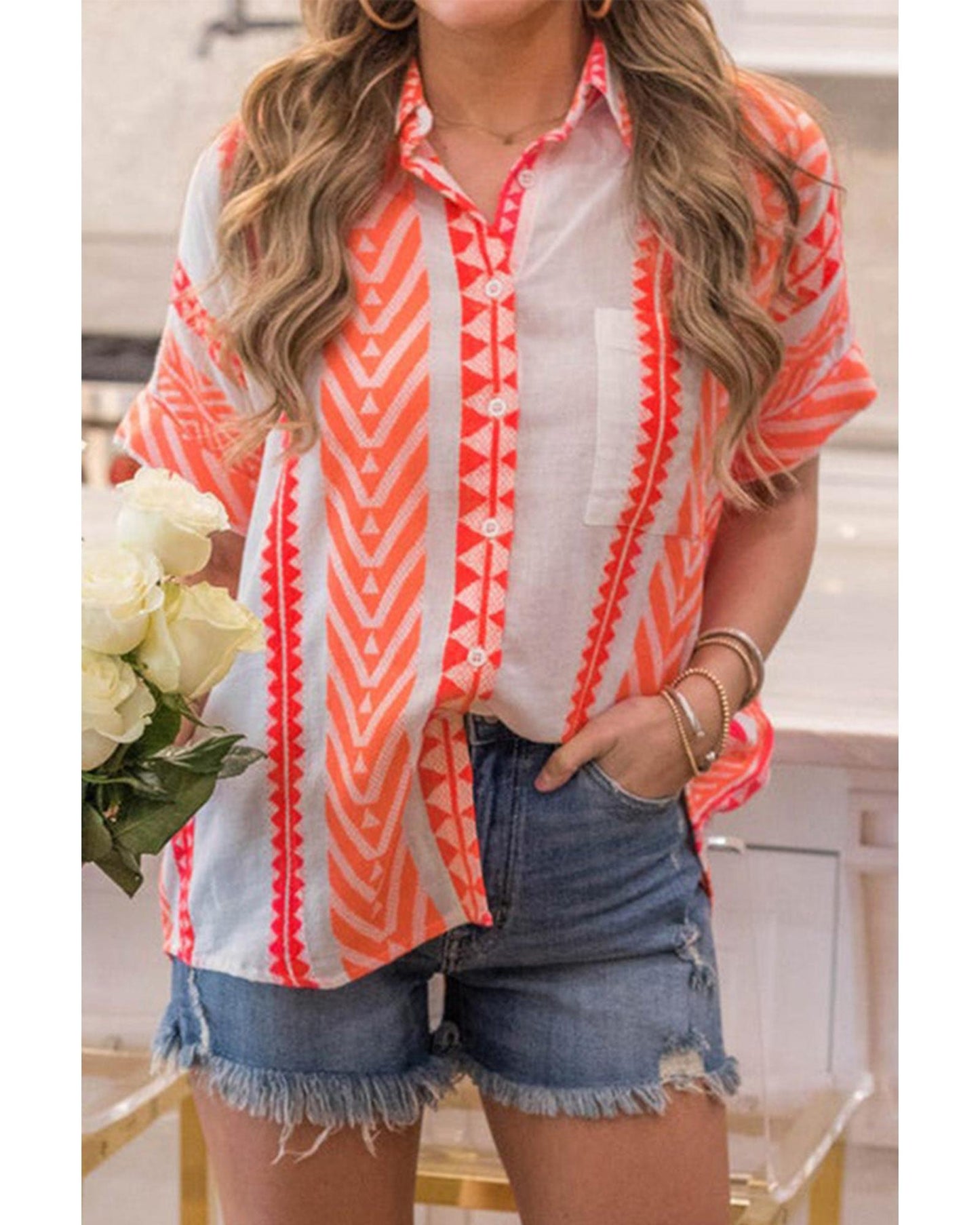 Azura Exchange Buttoned Geometric Striped Shirt - S