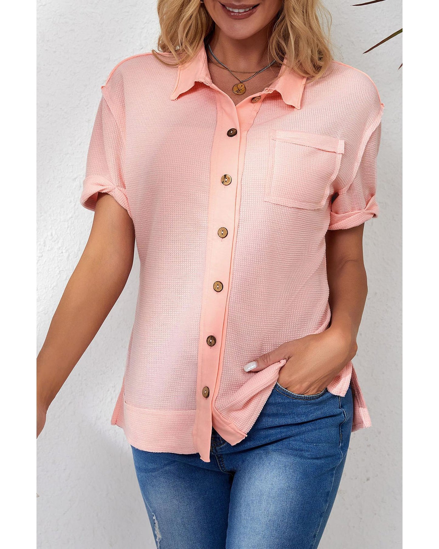 Azura Exchange Acid Wash Waffle Knit Buttoned Shirt - M