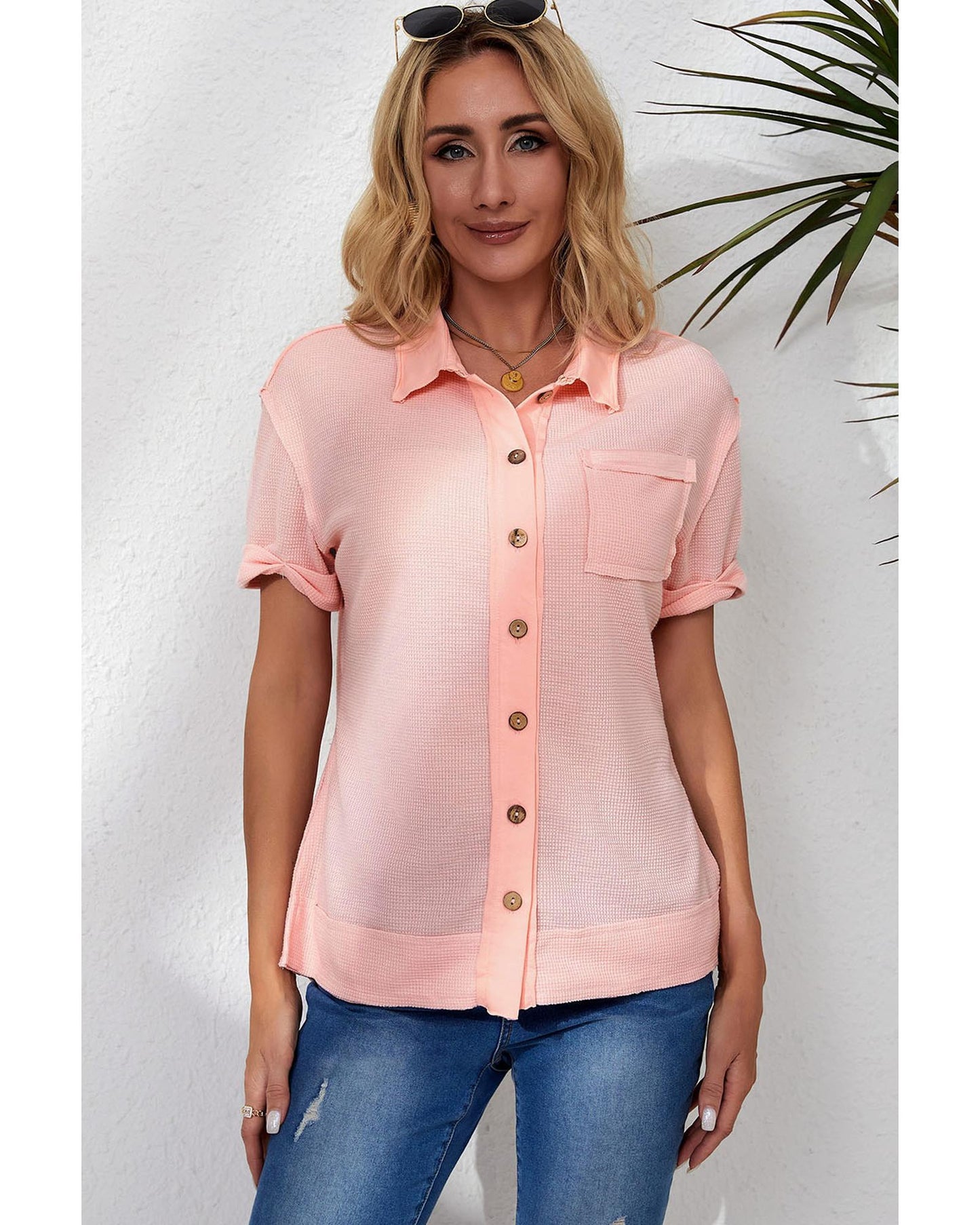 Azura Exchange Acid Wash Waffle Knit Buttoned Shirt - S