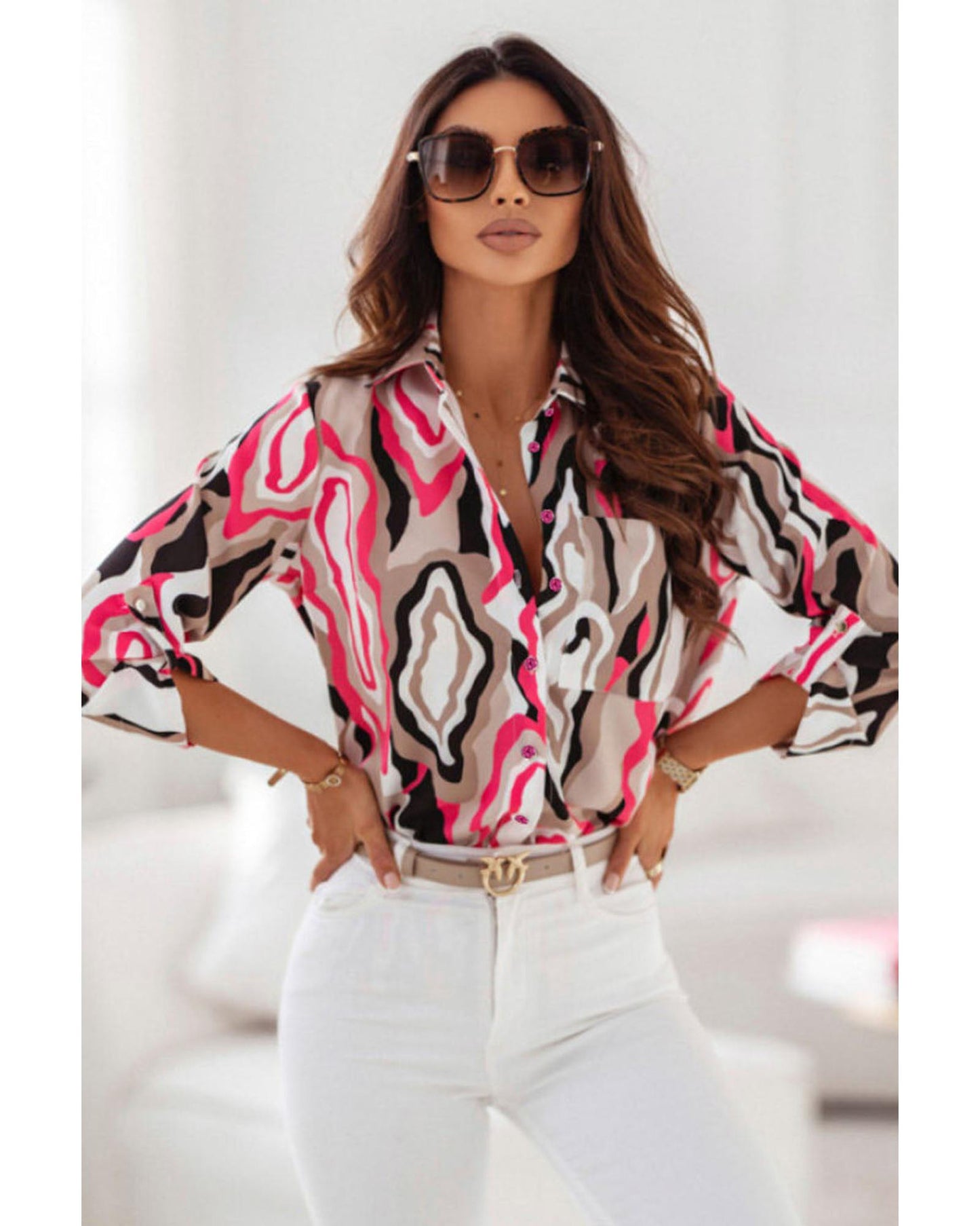 Azura Exchange Abstract Print Roll-tab Sleeve Chest Pocket Shirt - M