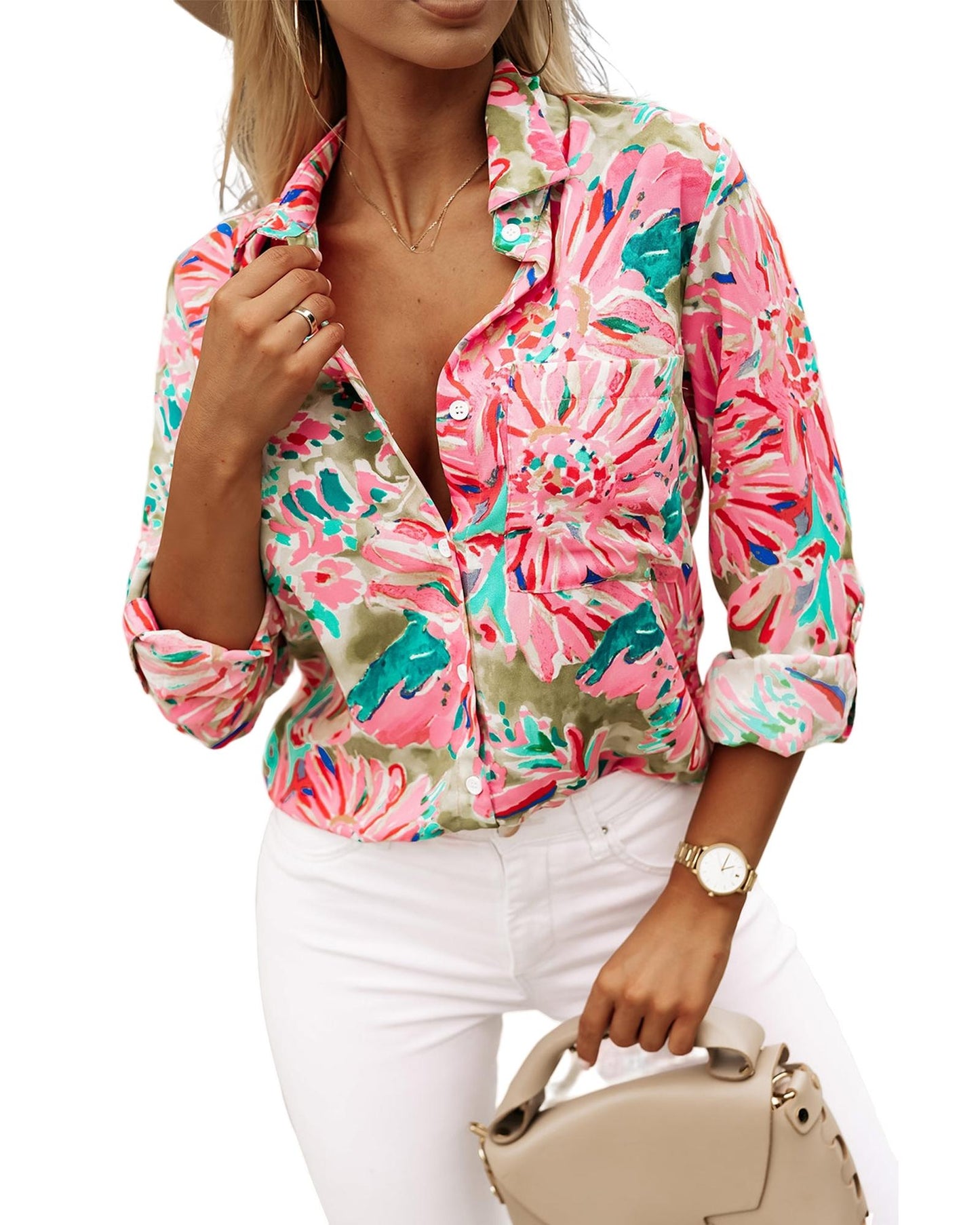 Azura Exchange Buttoned Sheath Long Sleeve Shirt with Abstract Floral Print - M
