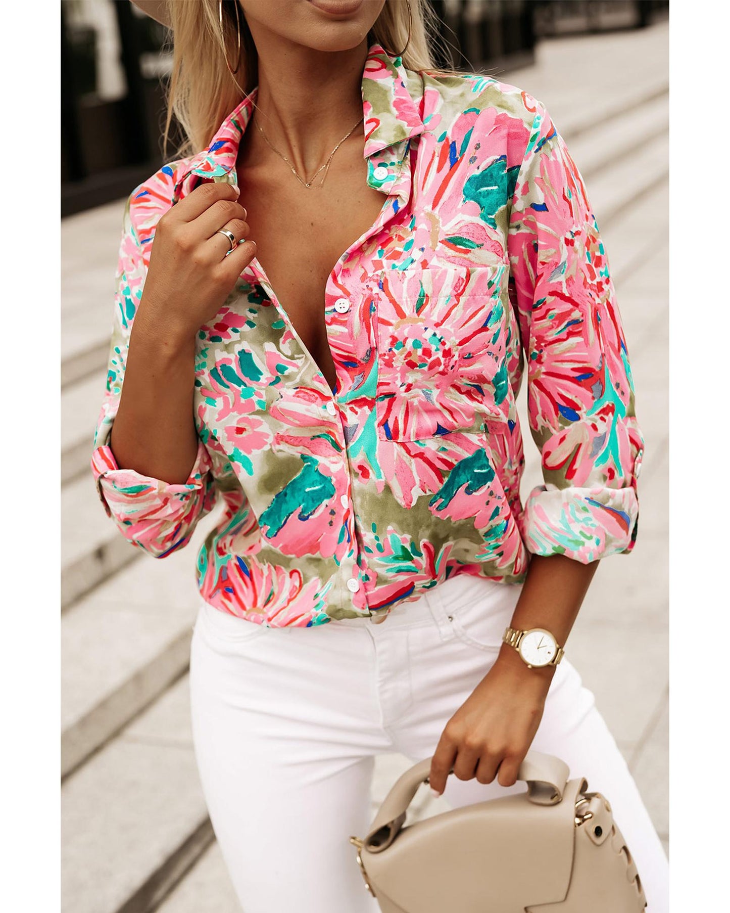 Azura Exchange Buttoned Sheath Long Sleeve Shirt with Abstract Floral Print - S