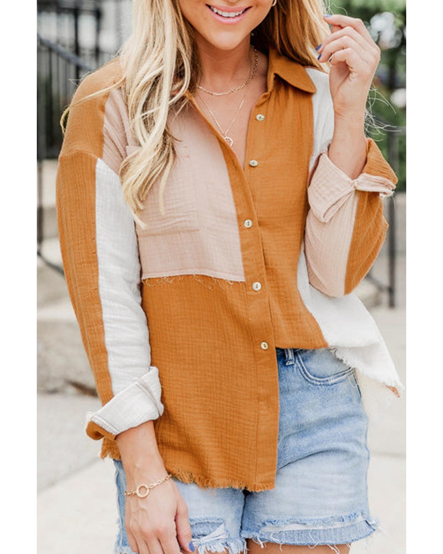 Azura Exchange Buttoned Raw Hem Textured Shirt - S