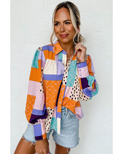 Azura Exchange Button Front Cuffed Sleeve Shirt with Mixed Print - L