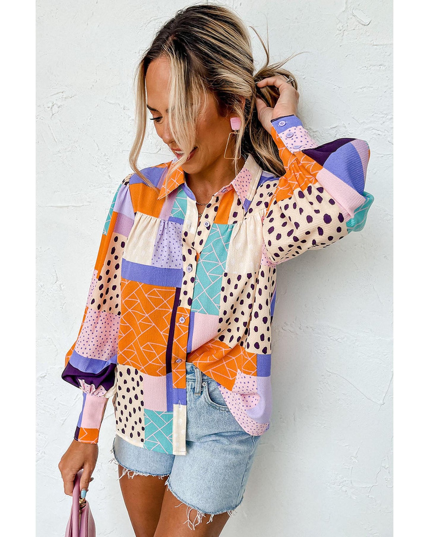 Azura Exchange Button Front Cuffed Sleeve Shirt with Mixed Print - L