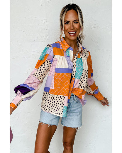 Azura Exchange Button Front Cuffed Sleeve Shirt with Mixed Print - M