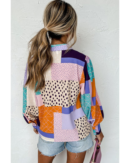 Azura Exchange Button Front Cuffed Sleeve Shirt with Mixed Print - M