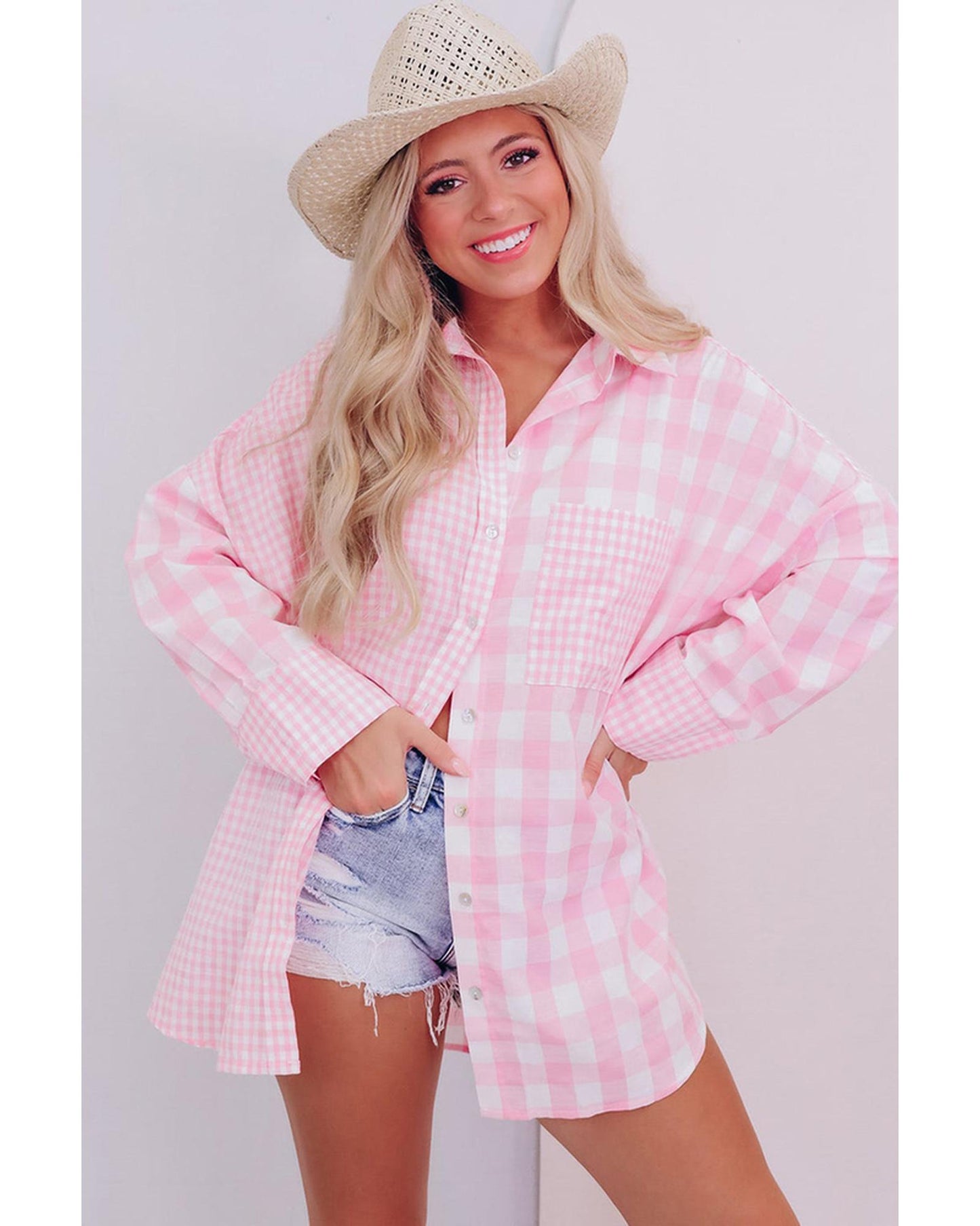 Azura Exchange Checked Patchwork Long Sleeve Shirt - M