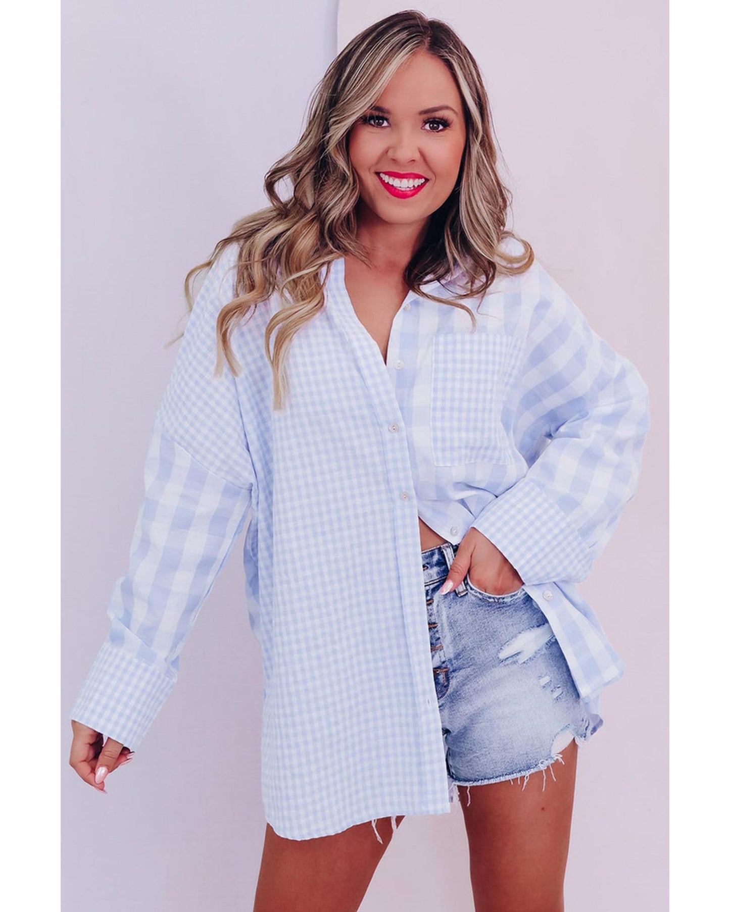 Azura Exchange Checked Patchwork Long Sleeve Shirt - L