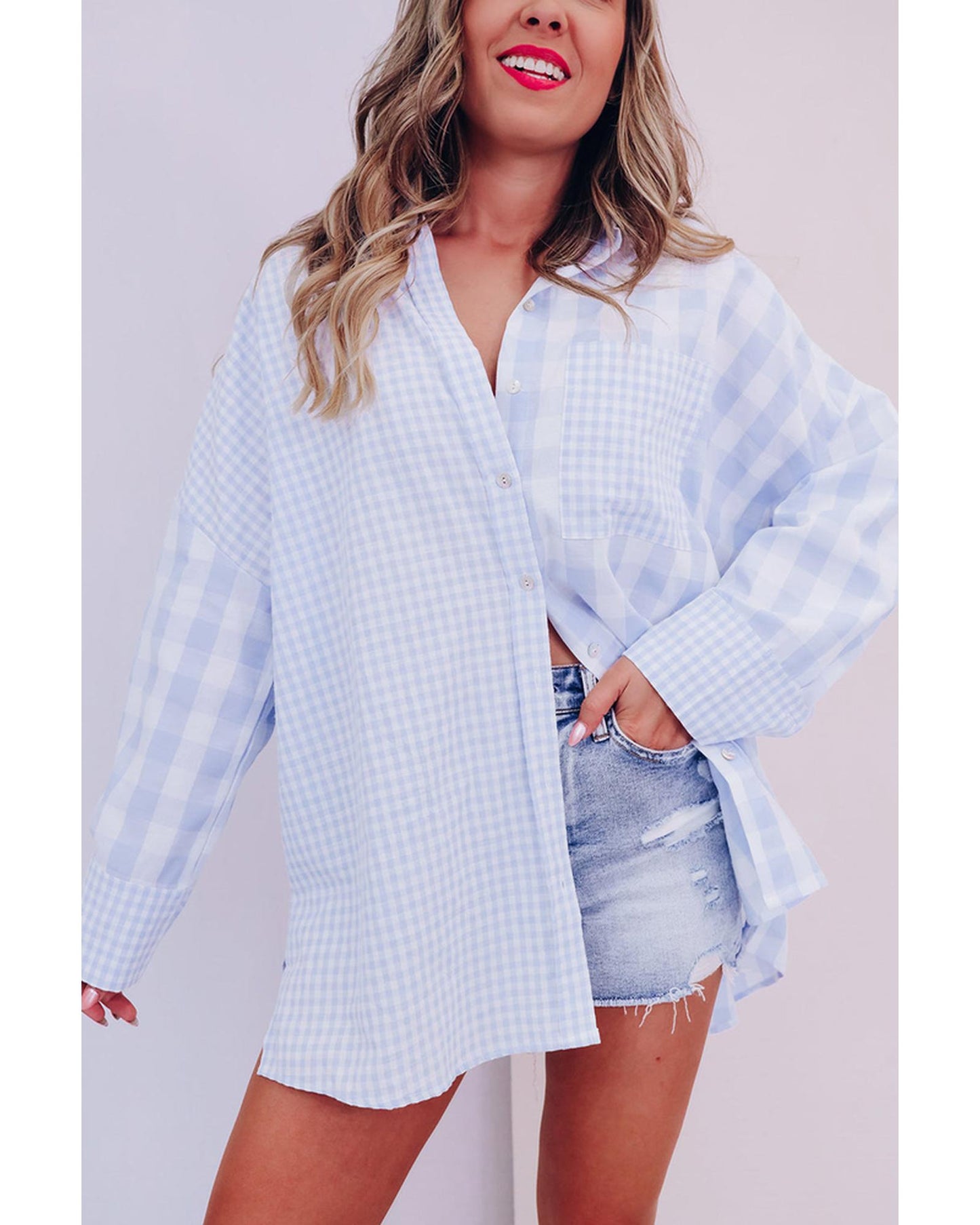 Azura Exchange Checked Patchwork Long Sleeve Shirt - L