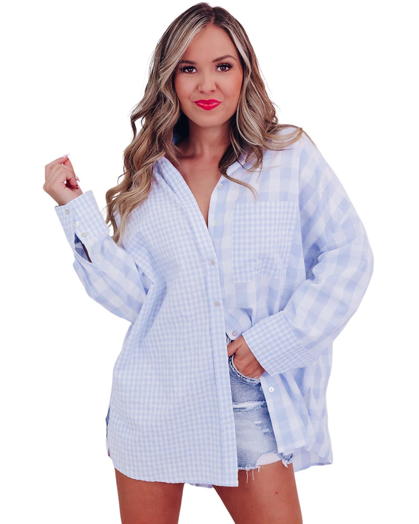 Azura Exchange Checked Patchwork Long Sleeve Shirt - L