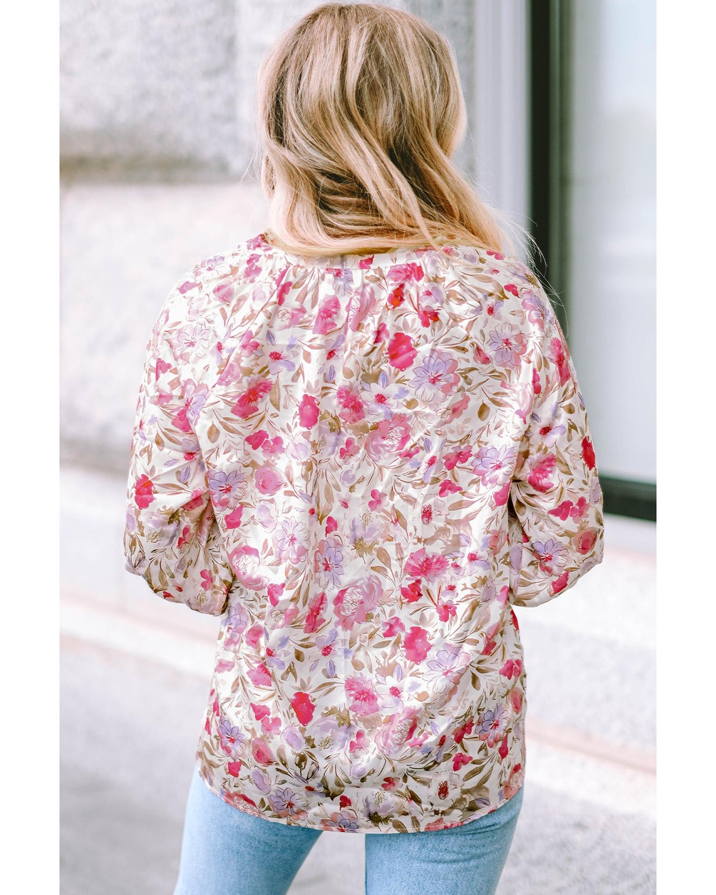 Azura Exchange Buttoned Puff Sleeves Shirt with Floral Print - L