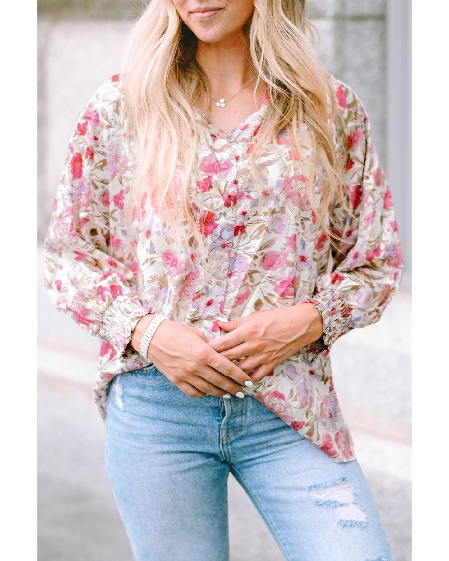 Azura Exchange Buttoned Puff Sleeves Shirt with Floral Print - L