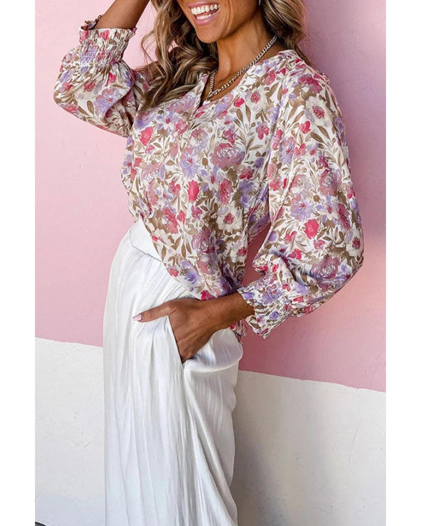 Azura Exchange Buttoned Puff Sleeves Shirt with Floral Print - L