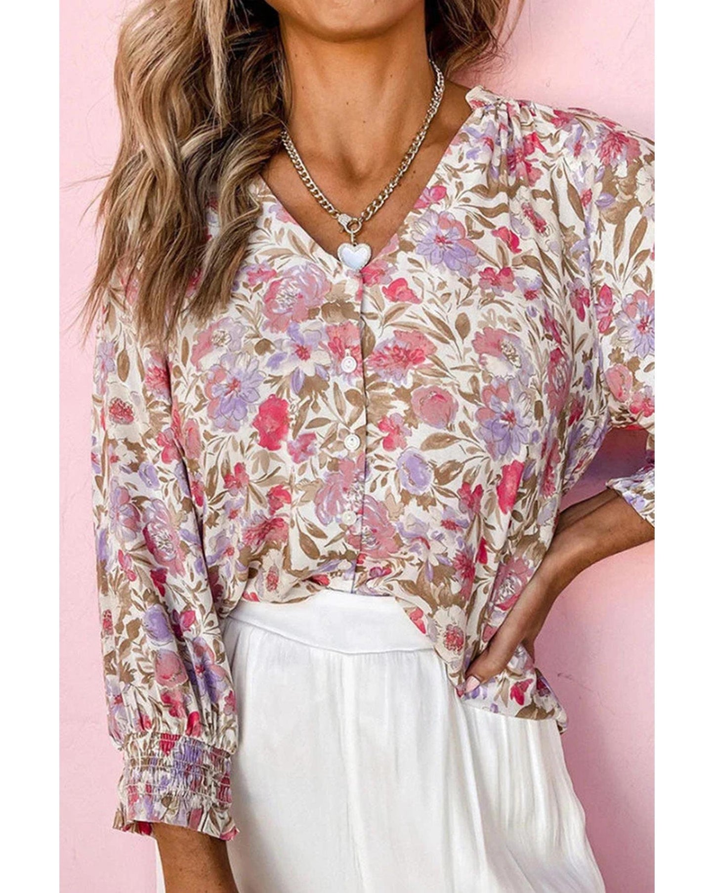 Azura Exchange Buttoned Puff Sleeves Shirt with Floral Print - M