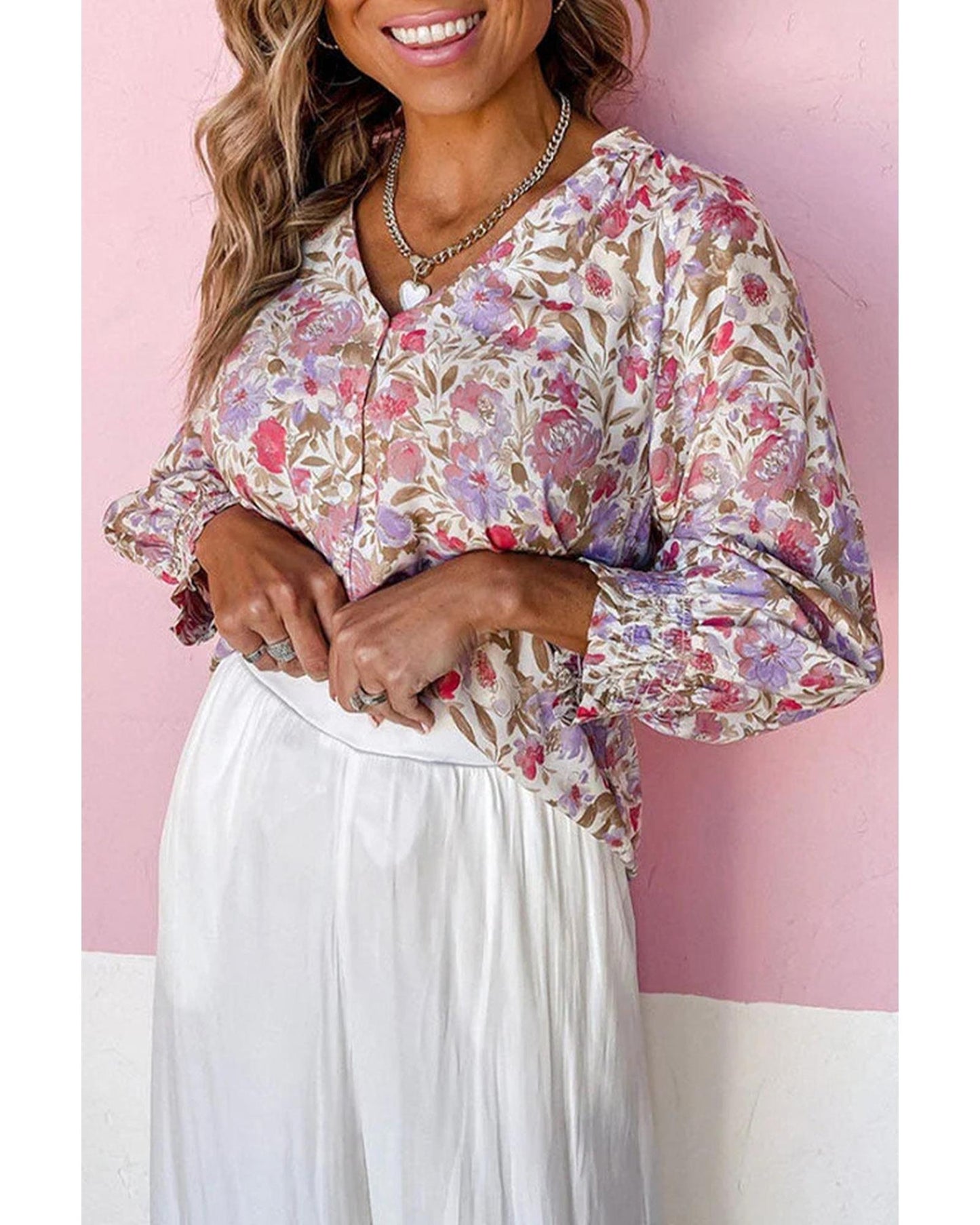 Azura Exchange Buttoned Puff Sleeves Shirt with Floral Print - M