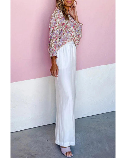 Azura Exchange Buttoned Puff Sleeves Shirt with Floral Print - M